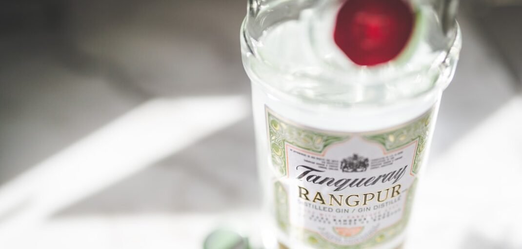 Tanqueray Gin cocktail served in a crystal glass with juniper berries and a lemon twist on a dark winter background