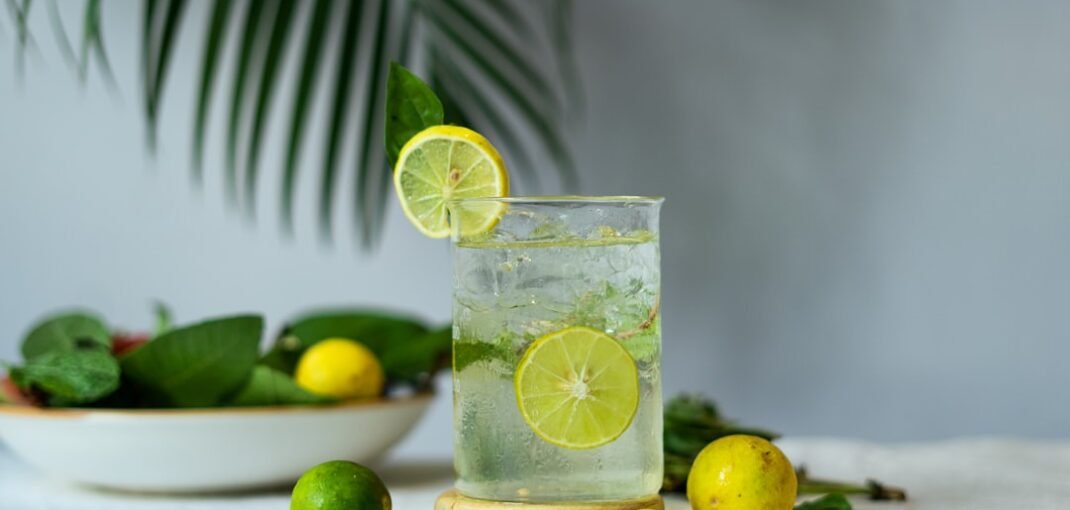 Vodka lemon lime bitters cocktail in a tall glass with ice, lemon wedge and a straw, on a sunny NZ spring table setting